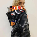 Shark Print Hoodie Tiger Head Shark Double Hood Sweater Camouflage Hoodie Youth Hooded Sweater Casual Coat