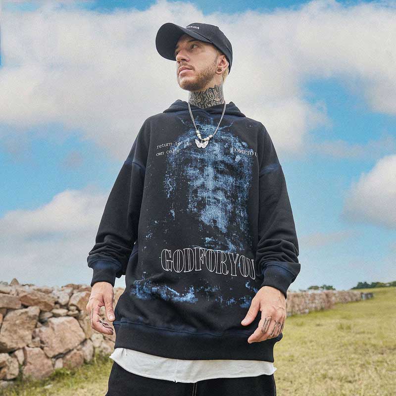Mens Fall Outfits Sweater Men's Graffiti Hooded Loose Oversize Couple Vintage