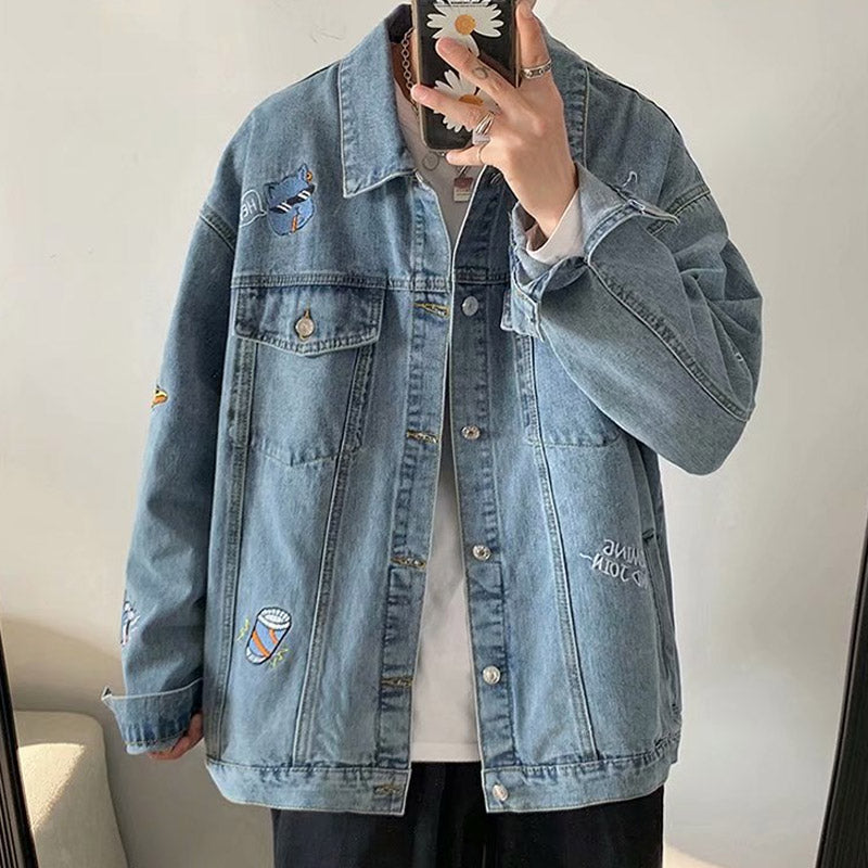 Men Denim Jacket Embroidery Denim Short Gown Men's Fall Loose Jacket