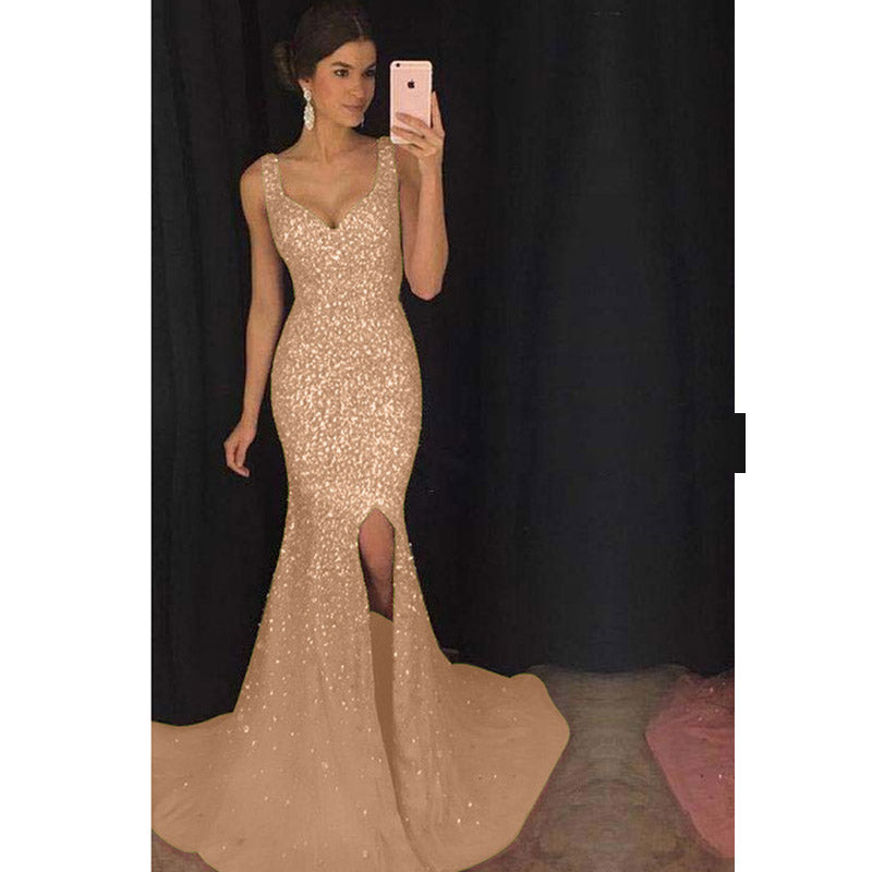 Formal Dresses & Gowns Women's Dress Sexy Deep V Camisole Gown Slim-Fit Sequined Long Dress