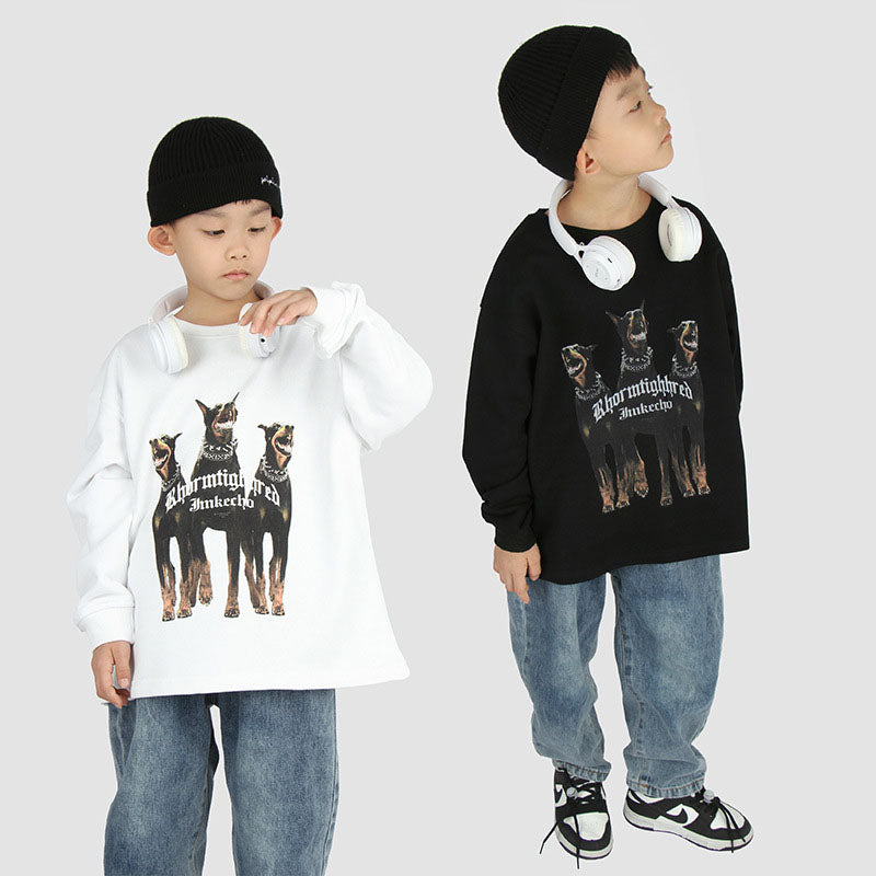 Kids Present Thoroughbred Doberman Dog Print Hoodie Loose Crew Neck Top Boys and Girls