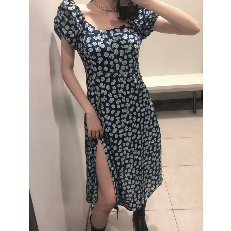 Milkmaid Dresses Summer Floral Square Collar Collect Waist Dress