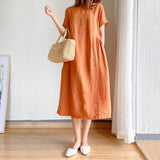 Burnt Orange Dress Simple Solid Color Loose Slimming Short Sleeve Dress Women's Summer Large Swing Skirt