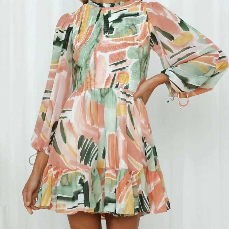 Women Fall Fall Outfits Autumn Ink Print Long Sleeve Dress Elastic Backless Skirt