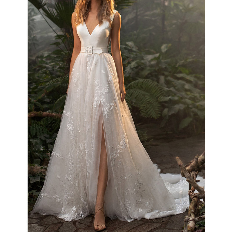 Women Lace Wedding Dress Women's White Sleeveless Long Wedding Dress Mid-Waist Evening Dress