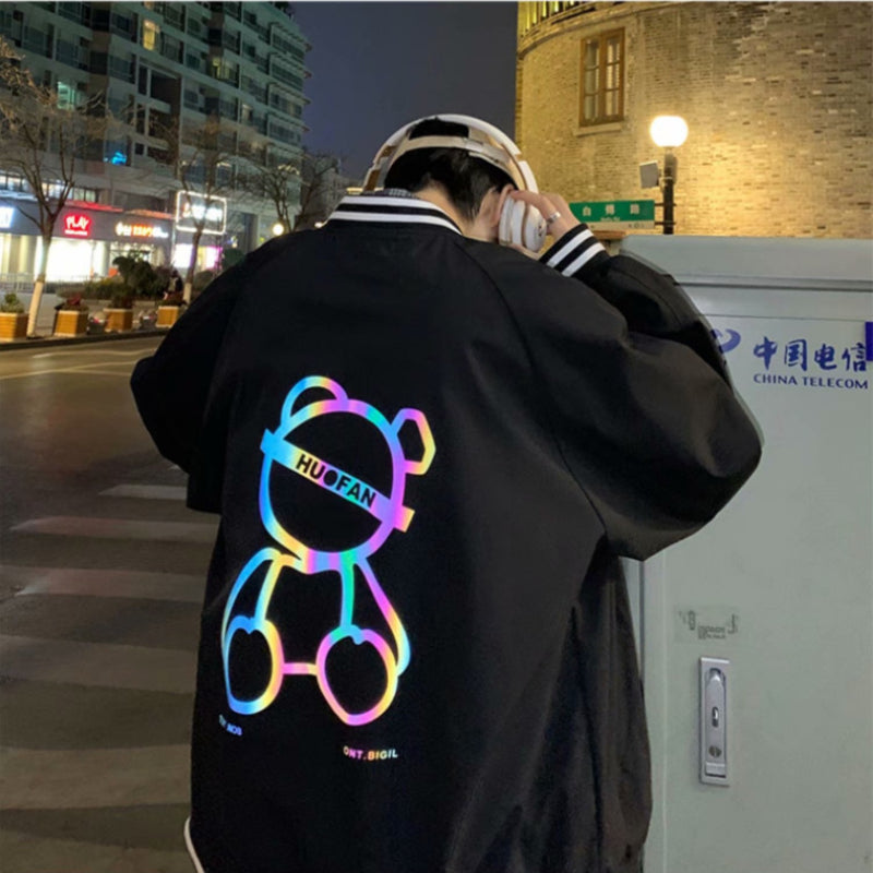 Men Sweatshirts Reflective Printed Baseball Uniform Jacket Men Baggy Coat