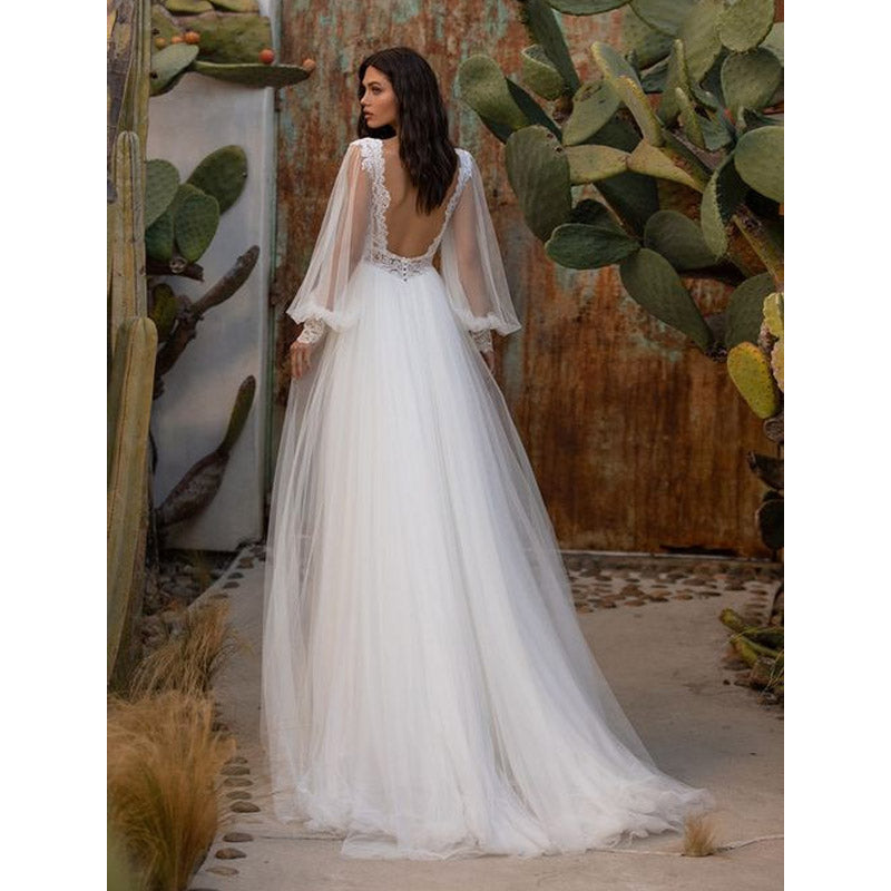 See through Wedding Dress V-Neck Wedding Dress Sexy Backless Sleeve Wedding Dress