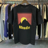 Rhude T Shirt Sunset Theme Pure Cotton Hip Hop Men and Women Same Casual