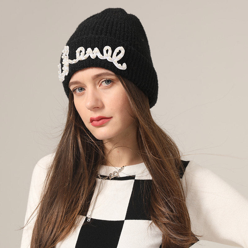 Toboggan Hat Autumn Hat Wool Pearl Knitted Woolen Cap Beanie Hat