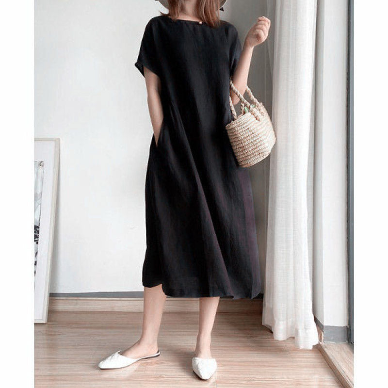 Burnt Orange Dress Simple Solid Color Loose Slimming Short Sleeve Dress Women's Summer Large Swing Skirt