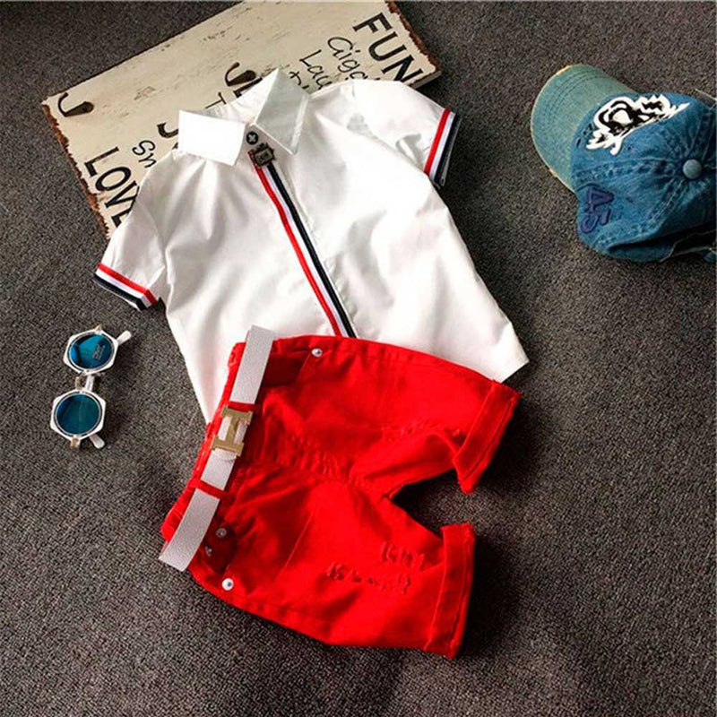 Children Boy Co Ord Summer Stripes Short Sleeve Shirt Red Worn Shorts 2 Piece Set