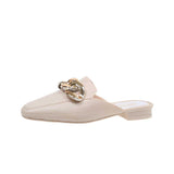 Finn Chain Pointed Toe Mule Summer Slippers Flat Lazy Casual Semi-Toe Box Sandals Outdoor Beach Shoes Women's Shoes