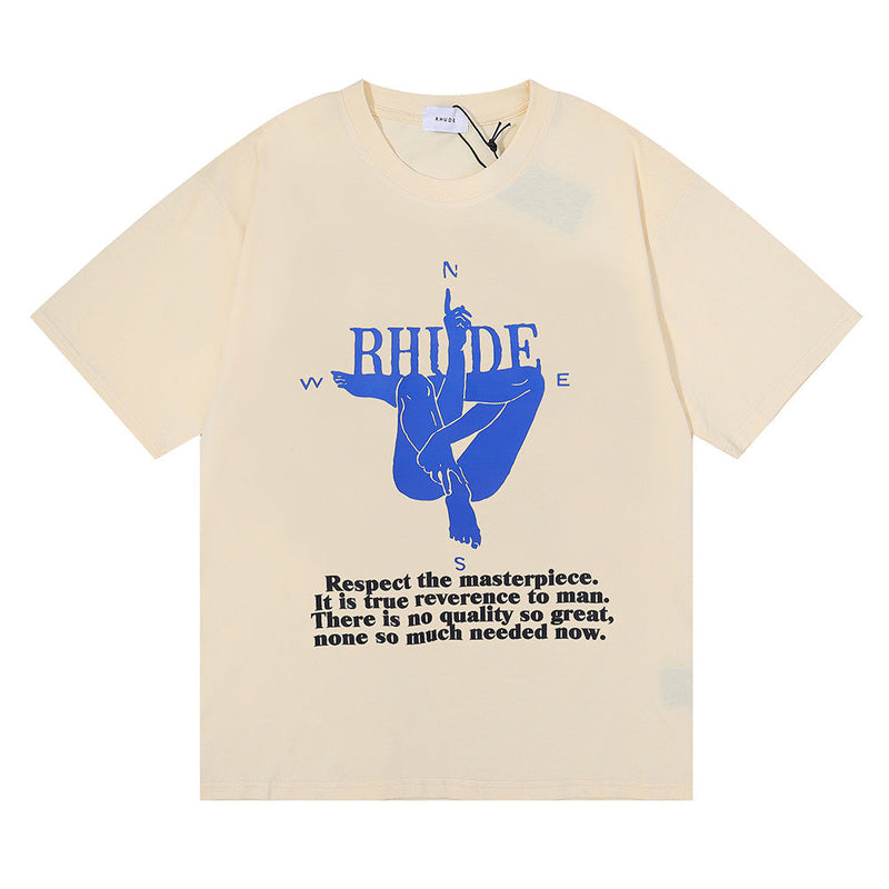 Rhude T Shirt Body Yoga Print Hip Hop Men and Women Same Loose Casual