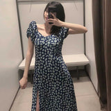 Milkmaid Dresses Summer Floral Square Collar Collect Waist Dress