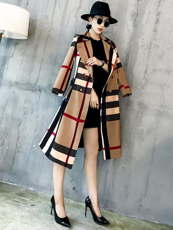 women color block plaid trench coat with belt