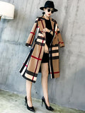 women color block plaid trench coat with belt