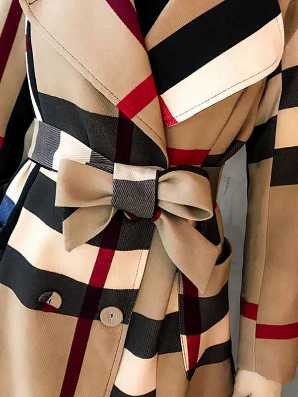 women color block plaid trench coat with belt