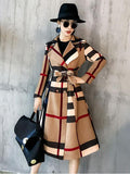women color block plaid trench coat with belt