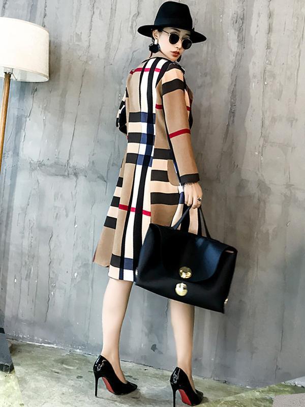women color block plaid trench coat with belt