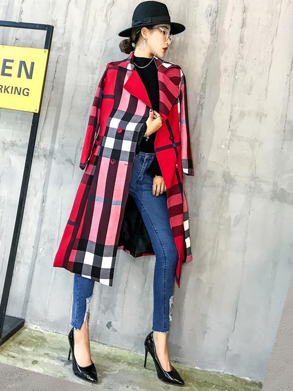 women color block plaid trench coat with belt
